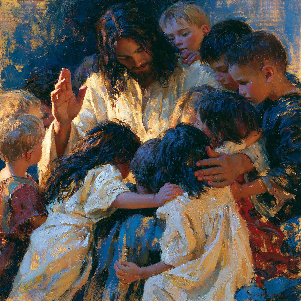 Jesus and the Children — Peace in Blue and White Folds