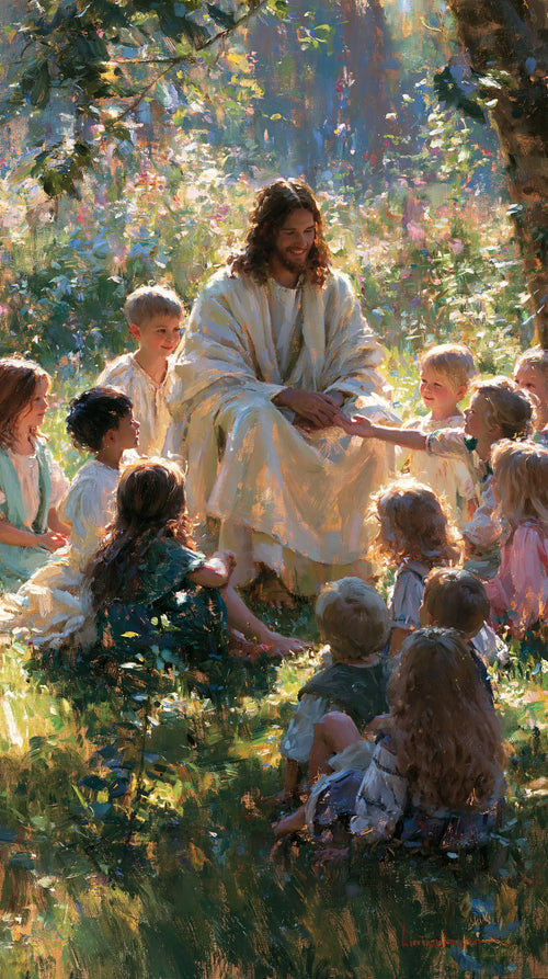Jesus with children in an impressionist atmosphere in Impressionist style, portrait Christian artwork no. 1