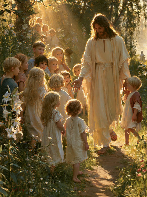 Jesus and the children in a symbolist composition in Symbolist style, portrait Christian artwork no. 16