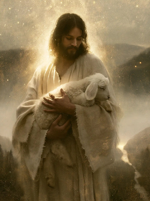 Jesus and the lamb in a symbolist composition in Symbolist style, portrait Christian artwork no. 13