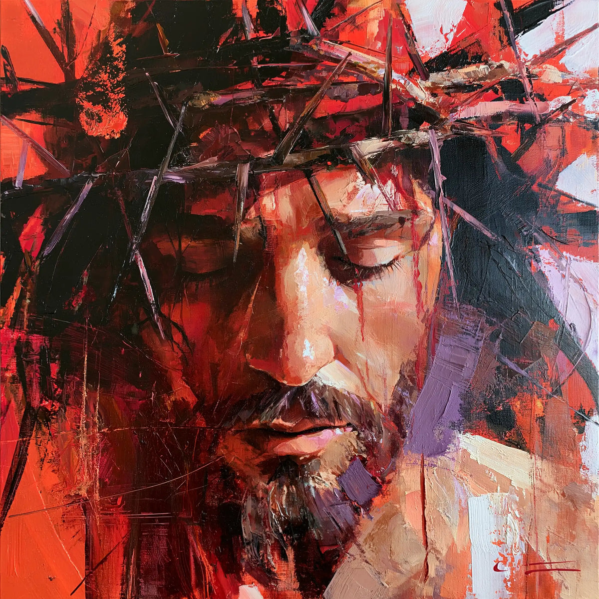Jesus Crowned with Thorns — Closed Eyelids in Vibrant Red