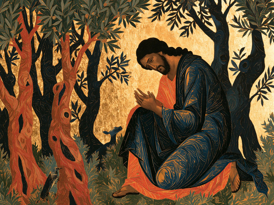 Jesus in Gethsemane — Reverence between Coral and Night