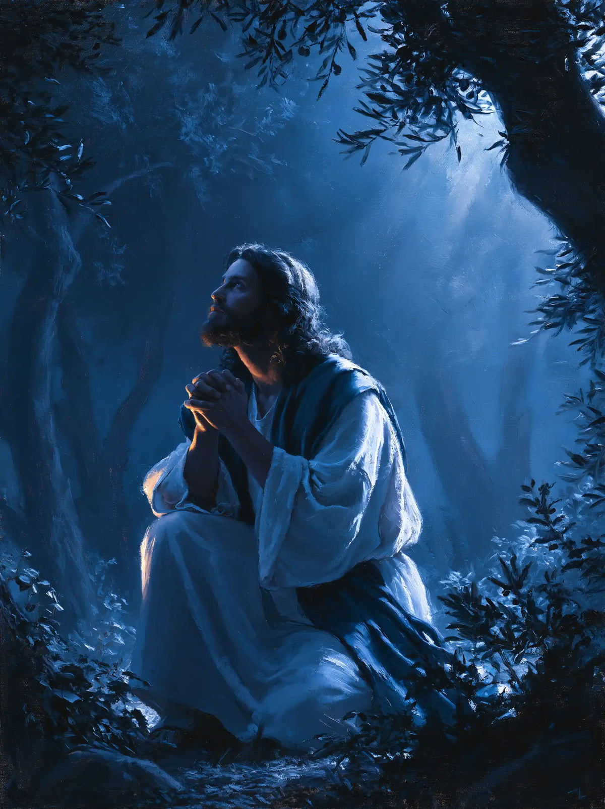 Jesus in Gethsemane — Light Descending between the Trees