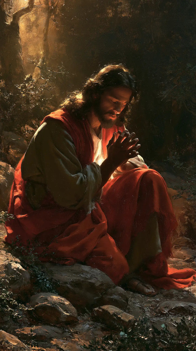Jesus in Gethsemane — Reverence in Crimson Folds