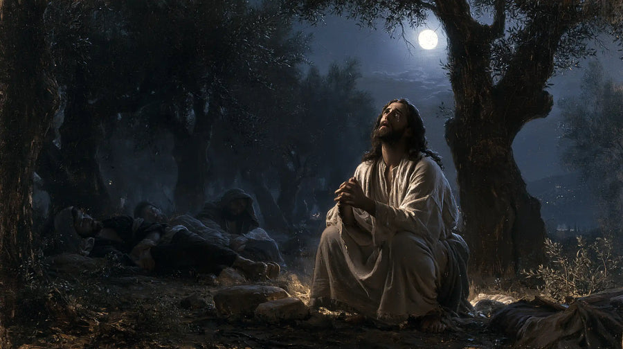 Jesus in Gethsemane — The White Vigil beneath the Black Olive Tree