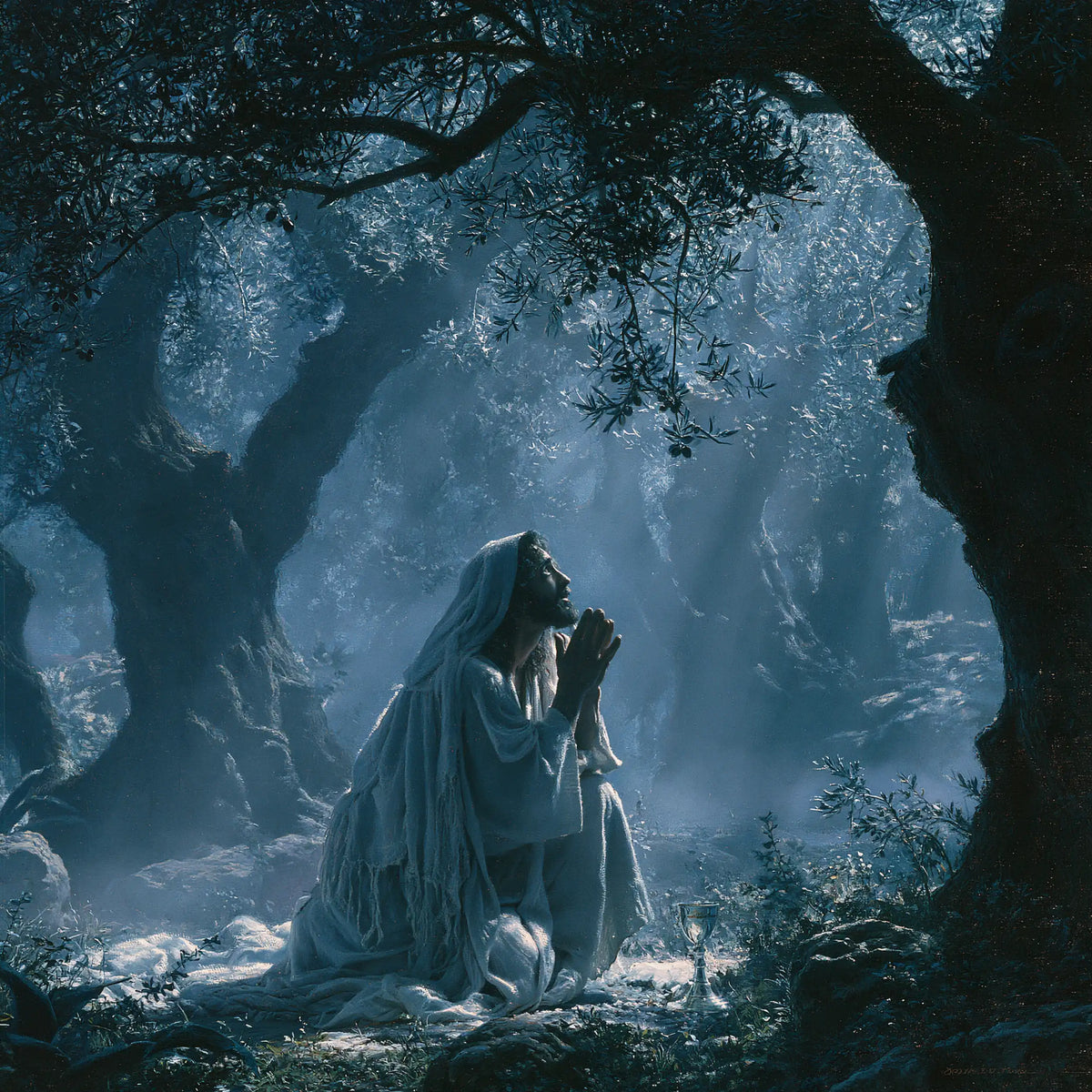 Jesus in Gethsemane — The Blue Veil in the Sacred Clearing