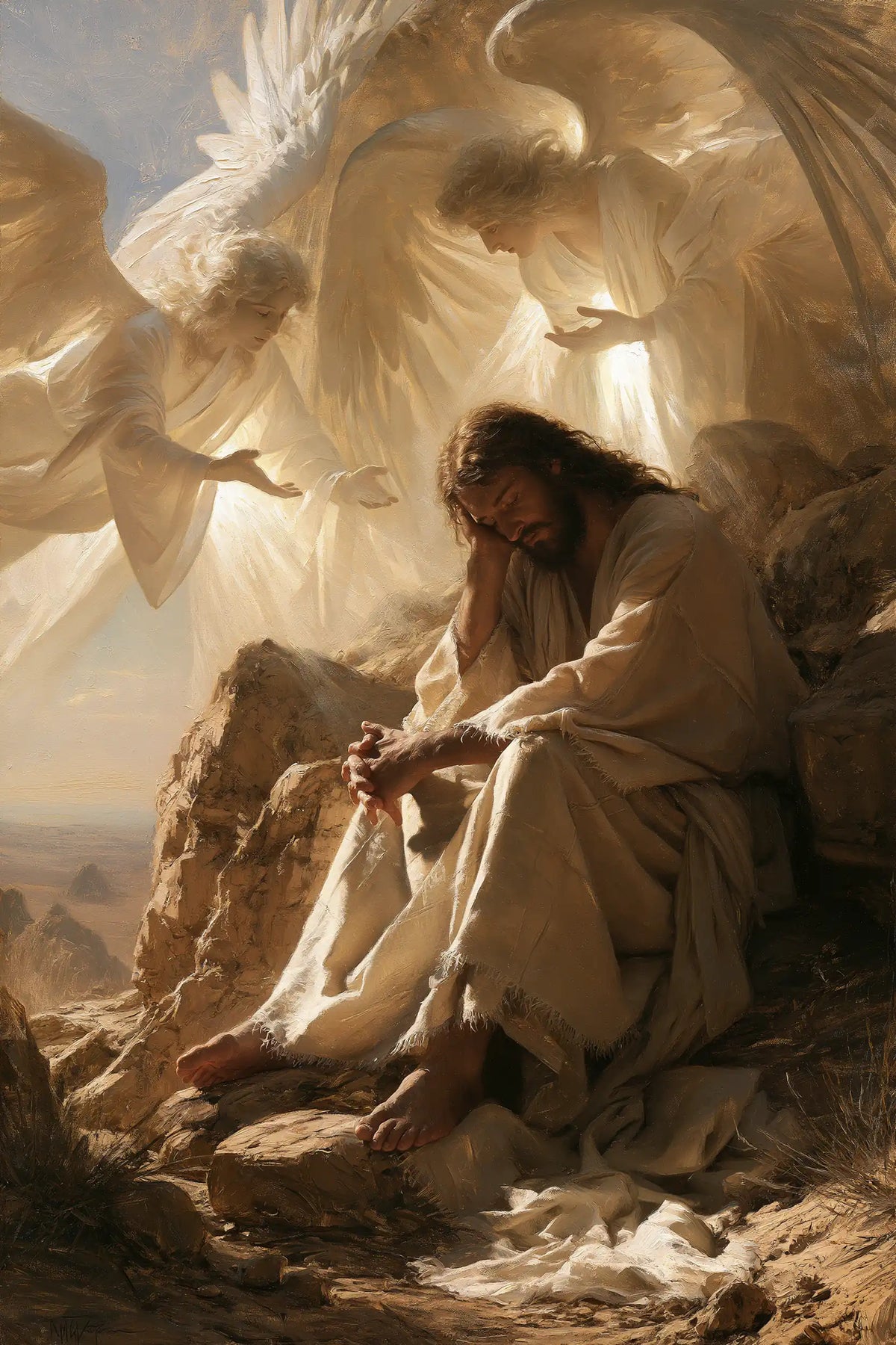 Jesus in the Desert — Wings Bent over Joined Hands