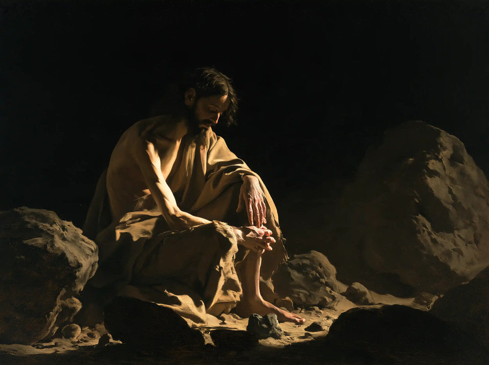 Jesus in the desert during the temptation in Caravaggio Tenebrism style, landscape Christian artwork no. 12