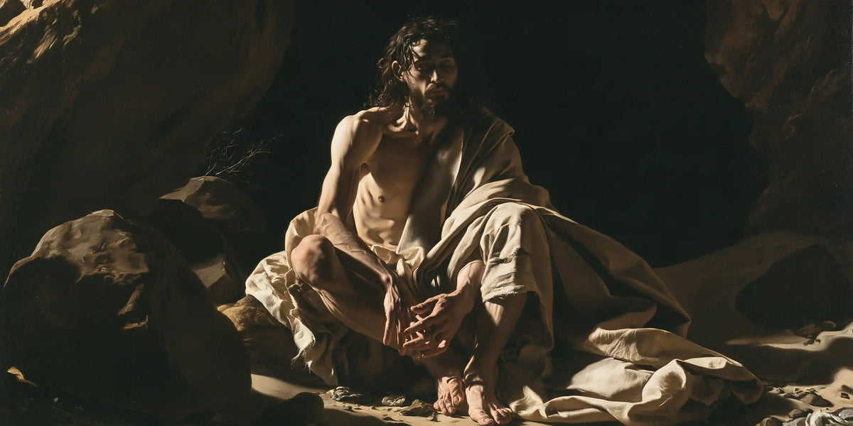 Jesus in the desert during the temptation in Caravaggio Tenebrism style, landscape Christian artwork no. 20