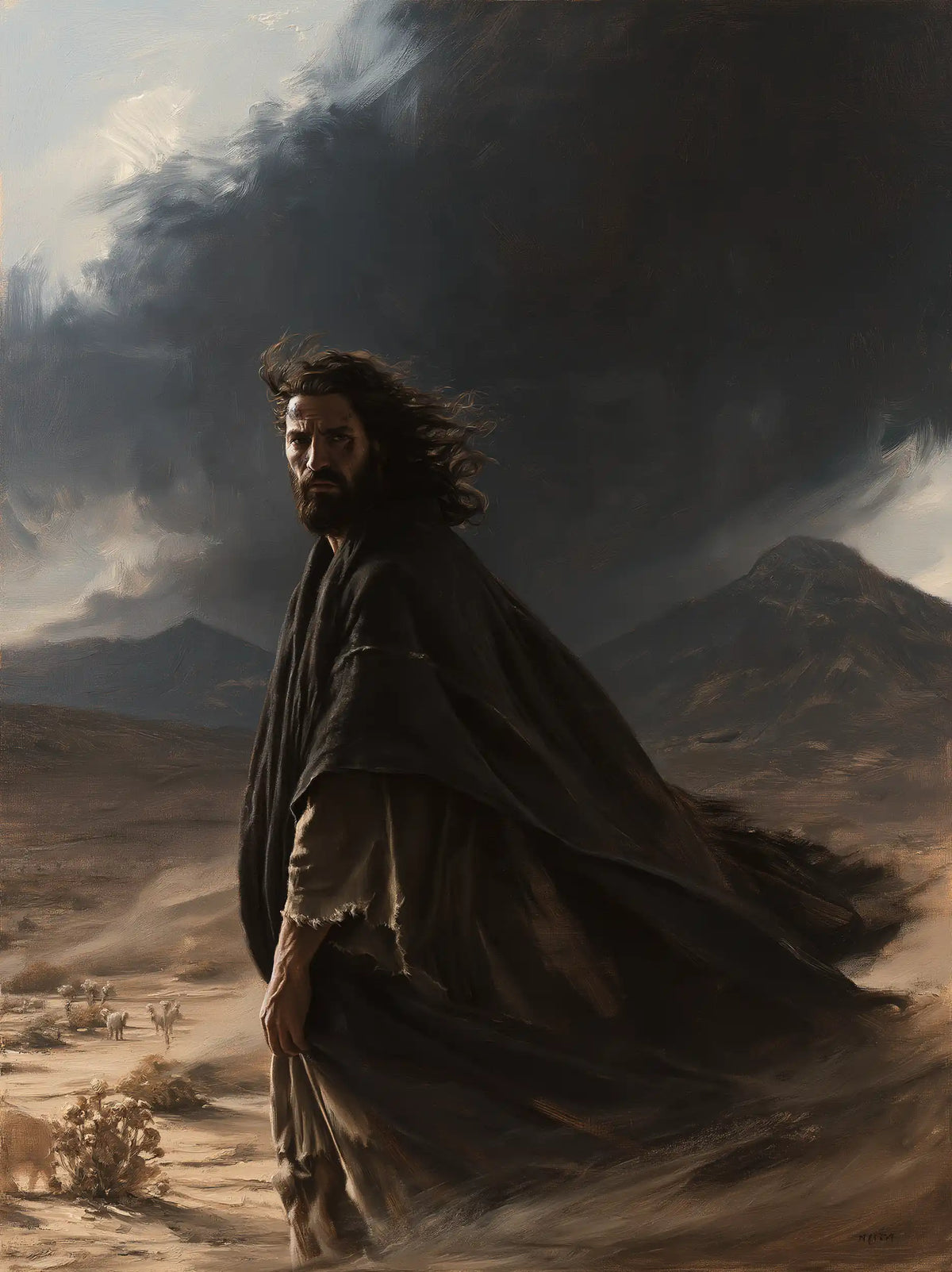 Jesus confronting an inner spiritual struggle in the desert in The Inner Struggle style, portrait Christian artwork no. 34