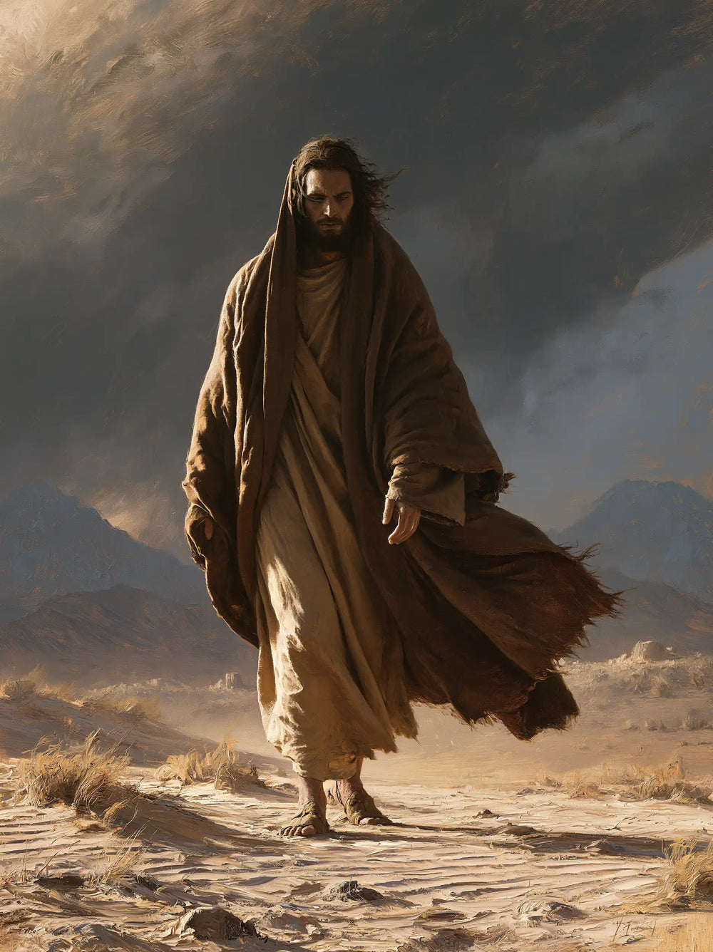 Jesus confronting an inner spiritual struggle in the desert in The Inner Struggle style, portrait Christian artwork no. 35