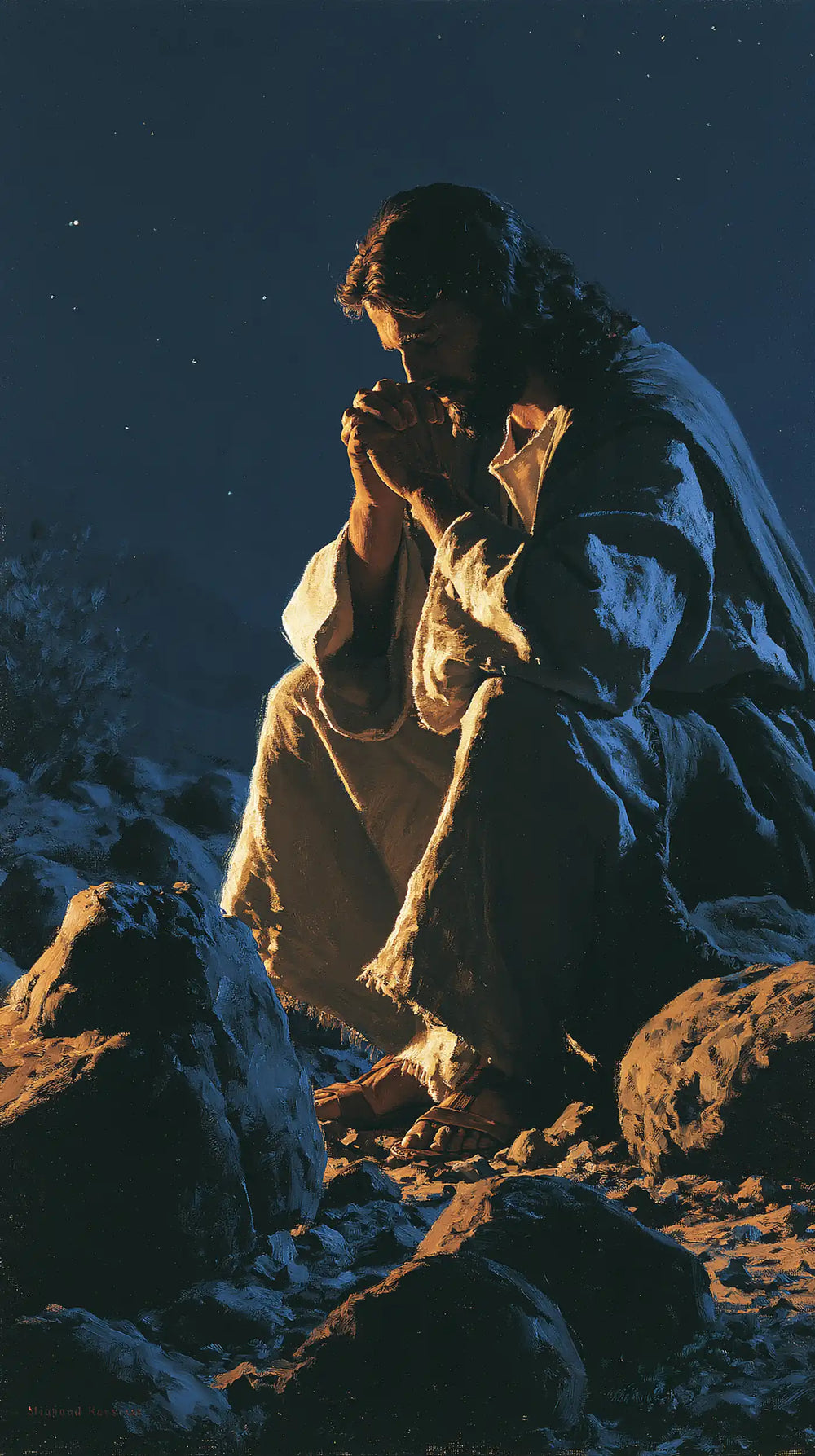 Jesus in the desert during the temptation in Midnight Blue Chiaroscuro style, portrait Christian artwork no. 6
