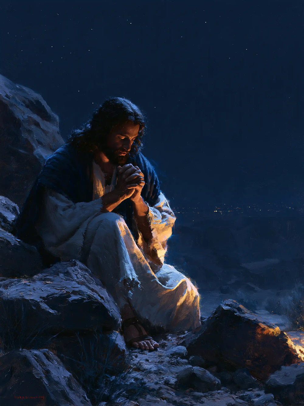 Jesus in the desert during the temptation in Midnight Blue Chiaroscuro style, portrait Christian artwork no. 33