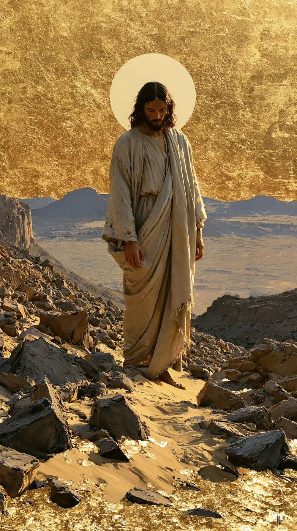 Jesus in the desert during the temptation in Sacred Gold style, portrait Christian artwork no. 10