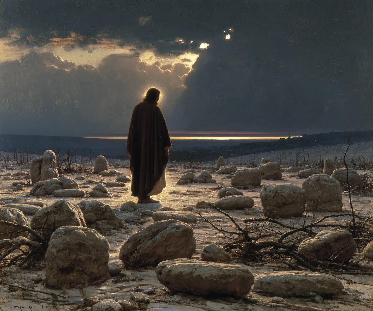 Jesus in the desert during the temptation in Symbolist style, landscape Christian artwork no. 3