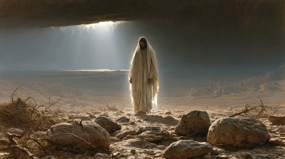 Jesus in the desert during the temptation in Symbolist style, landscape Christian artwork no. 19