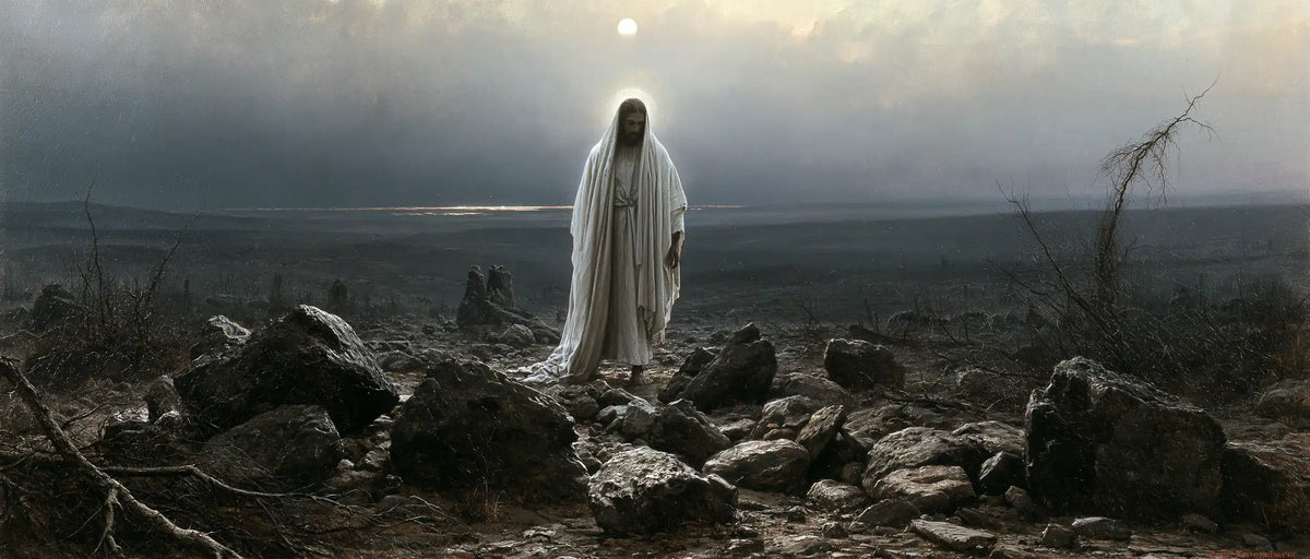 Jesus in the desert during the temptation in Symbolist style, landscape Christian artwork no. 27