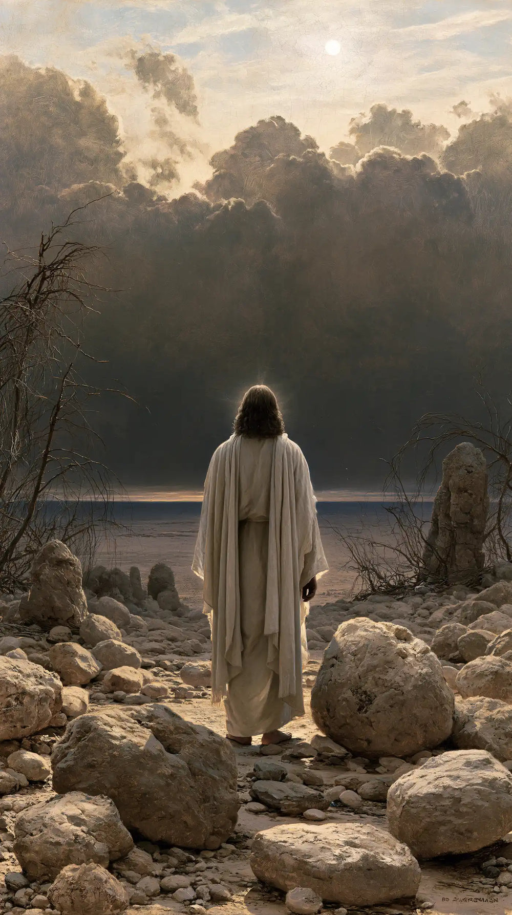 Jesus in the desert during the temptation in Symbolist style, portrait Christian artwork no. 14