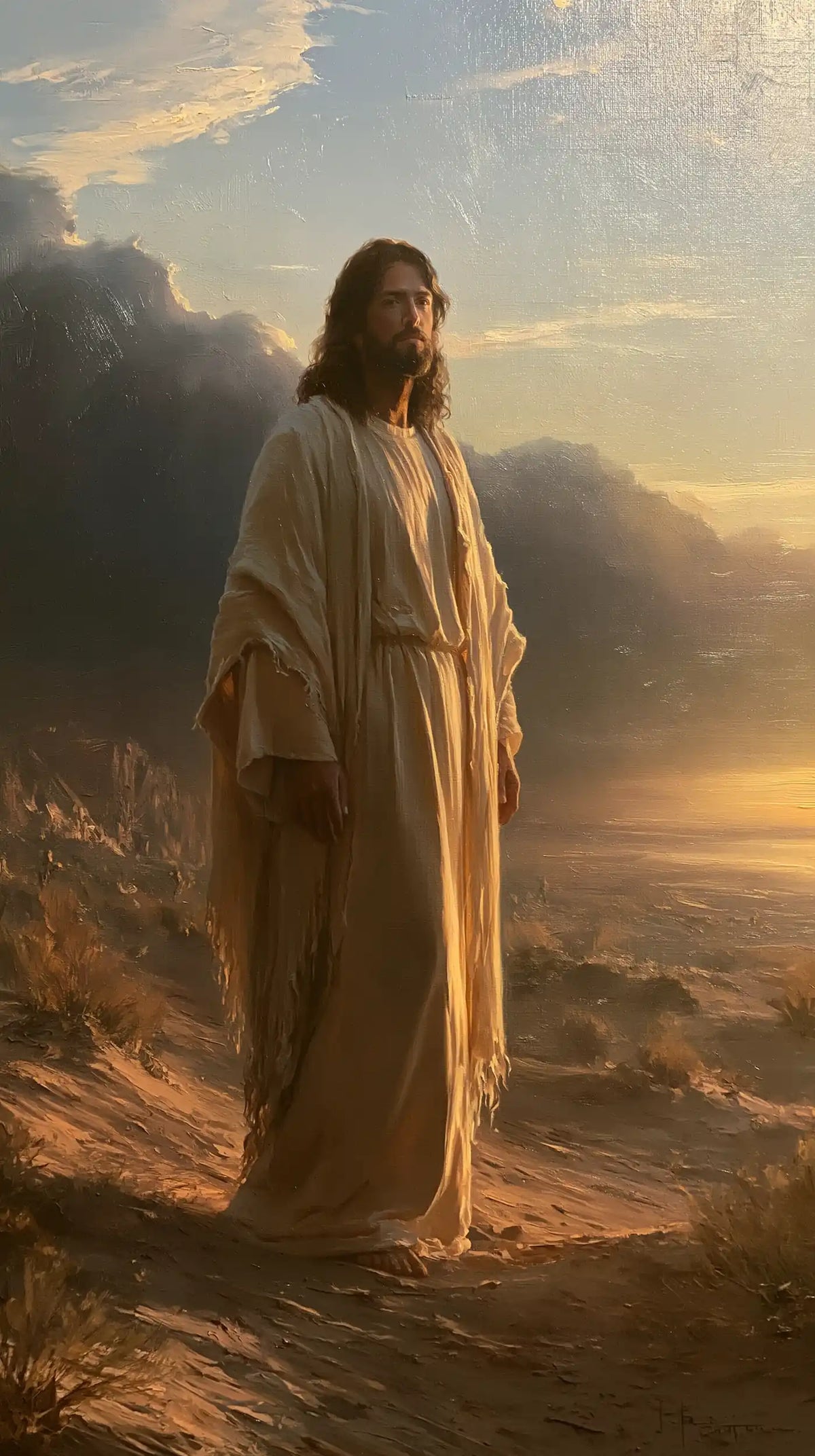 Jesus after his victory over temptation in the desert in Victory Over Temptation style, portrait Christian artwork no. 5