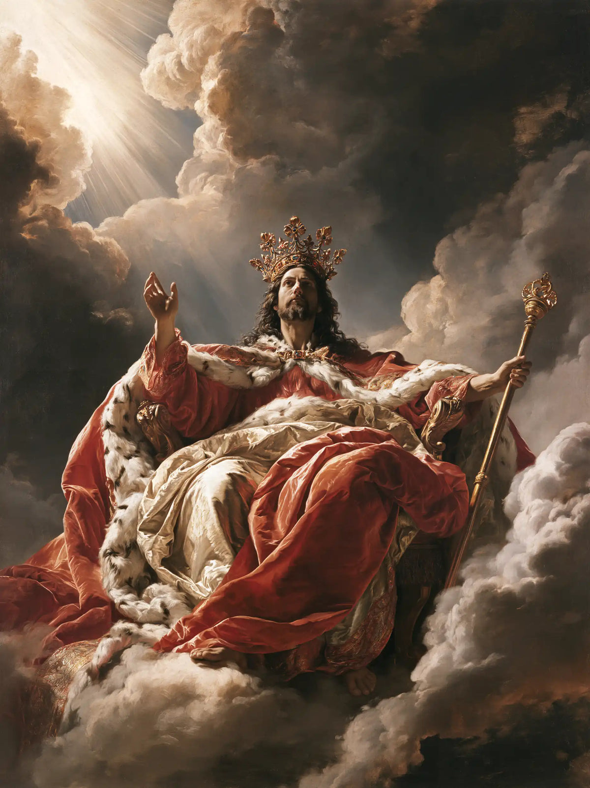 Jesus the King — The Mantle Unfurled Over Grey Clouds