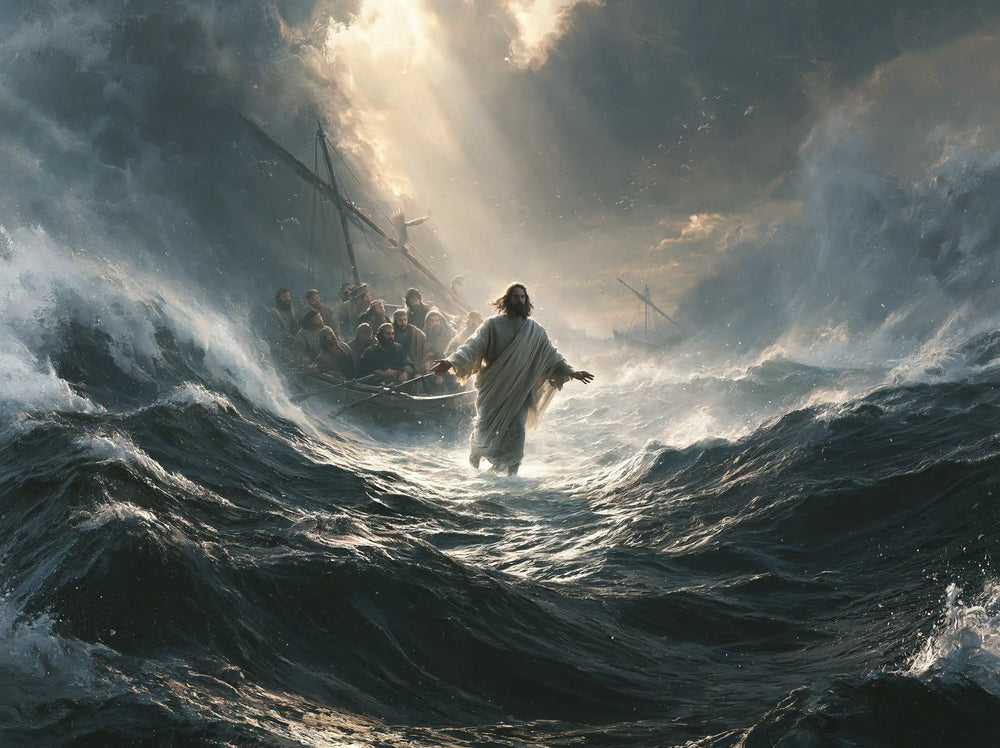 Jesus walking on water in Explosion of Movement style, landscape Christian artwork no. 4