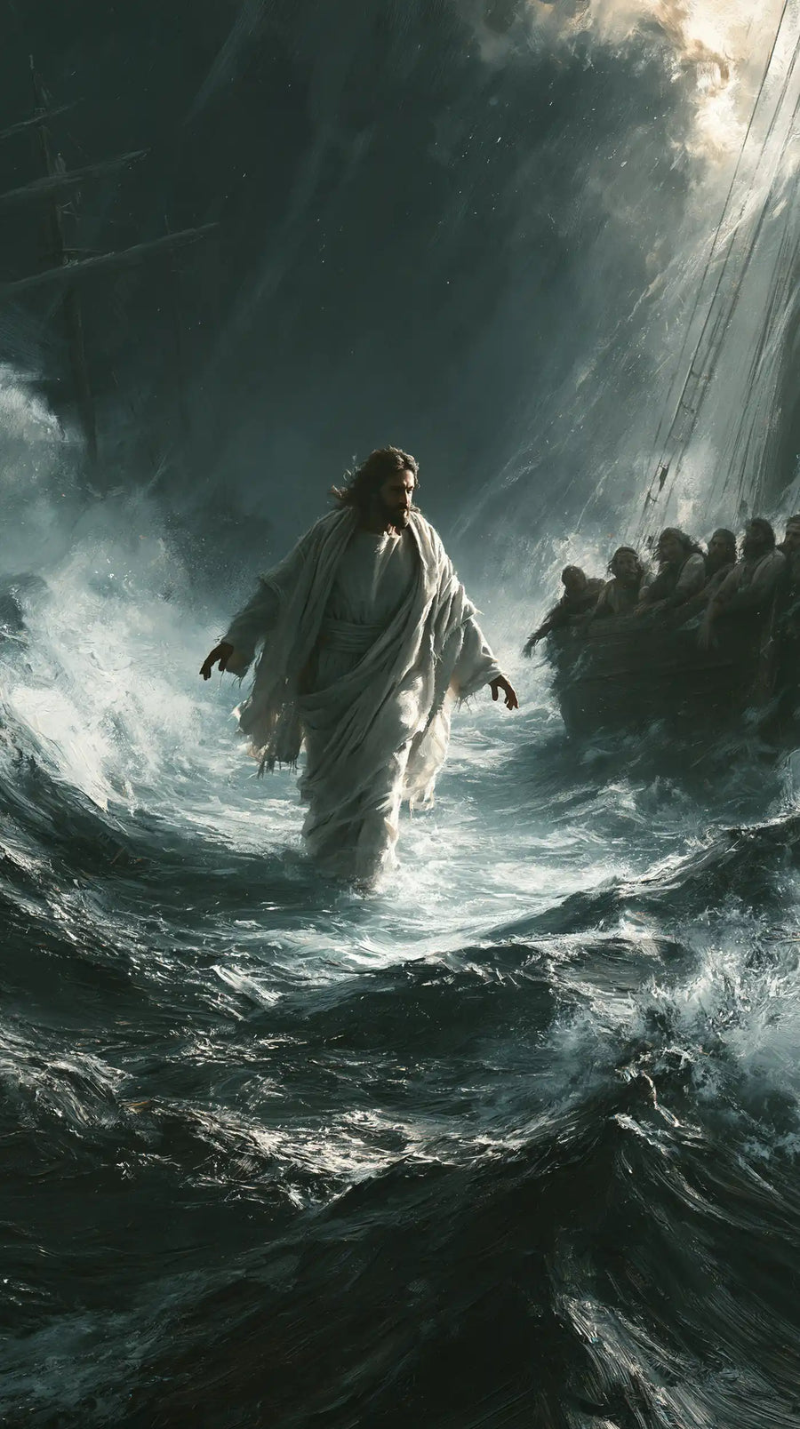 Jesus Walking on Water — The Grey Step beneath Spears of Light