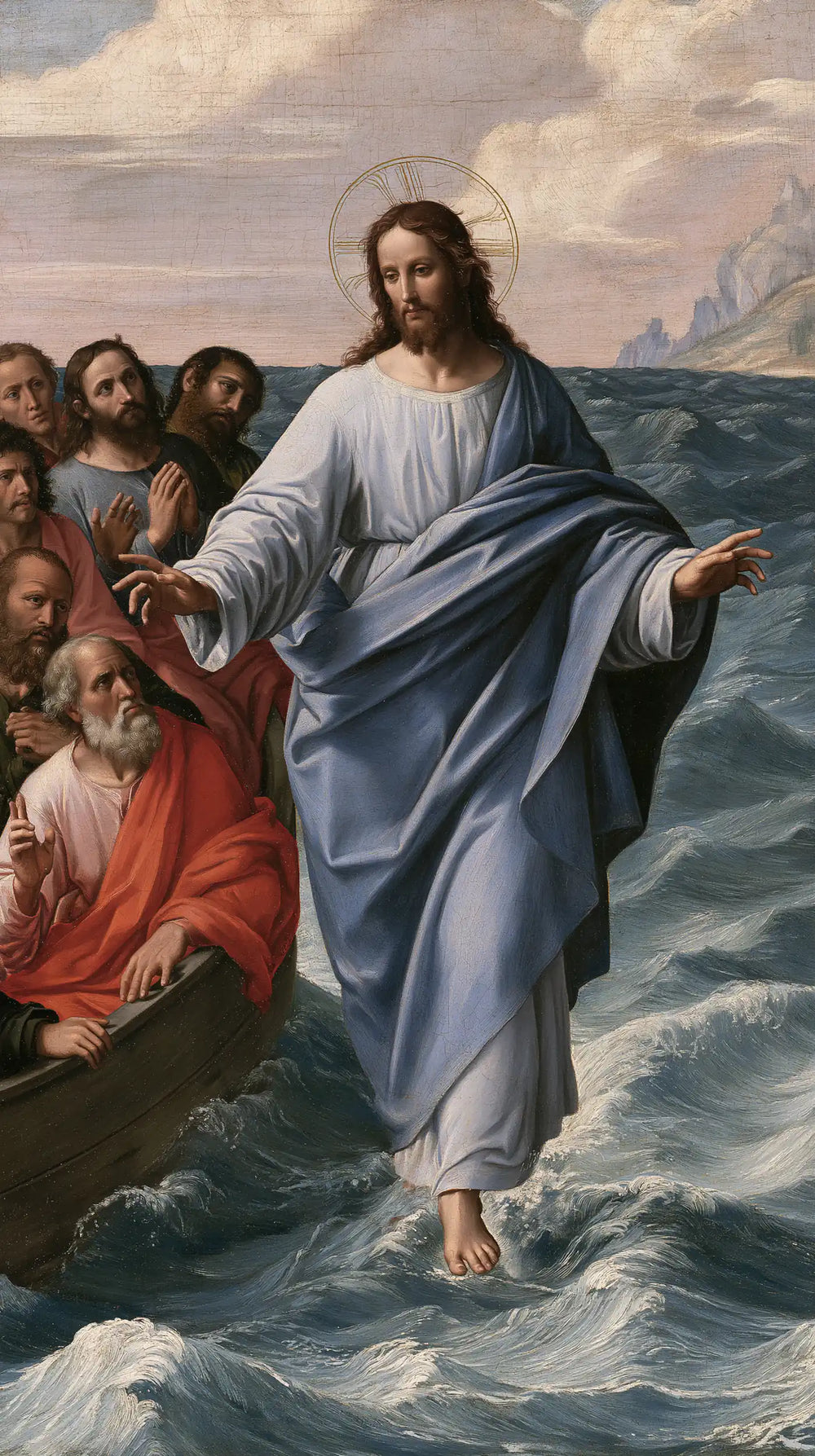 Jesus walking on water in Florentine Renaissance style, portrait Christian artwork no. 6
