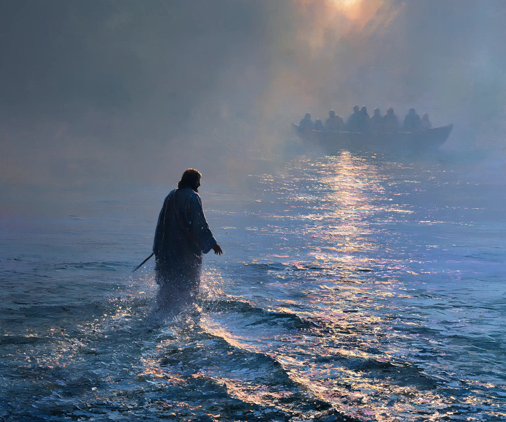 Jesus walking on water in Impressionist style, landscape Christian artwork no. 1