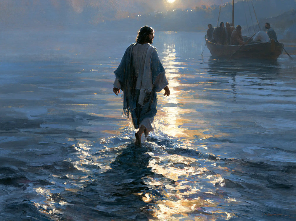 Jesus walking on water in Impressionist style, landscape Christian artwork no. 6