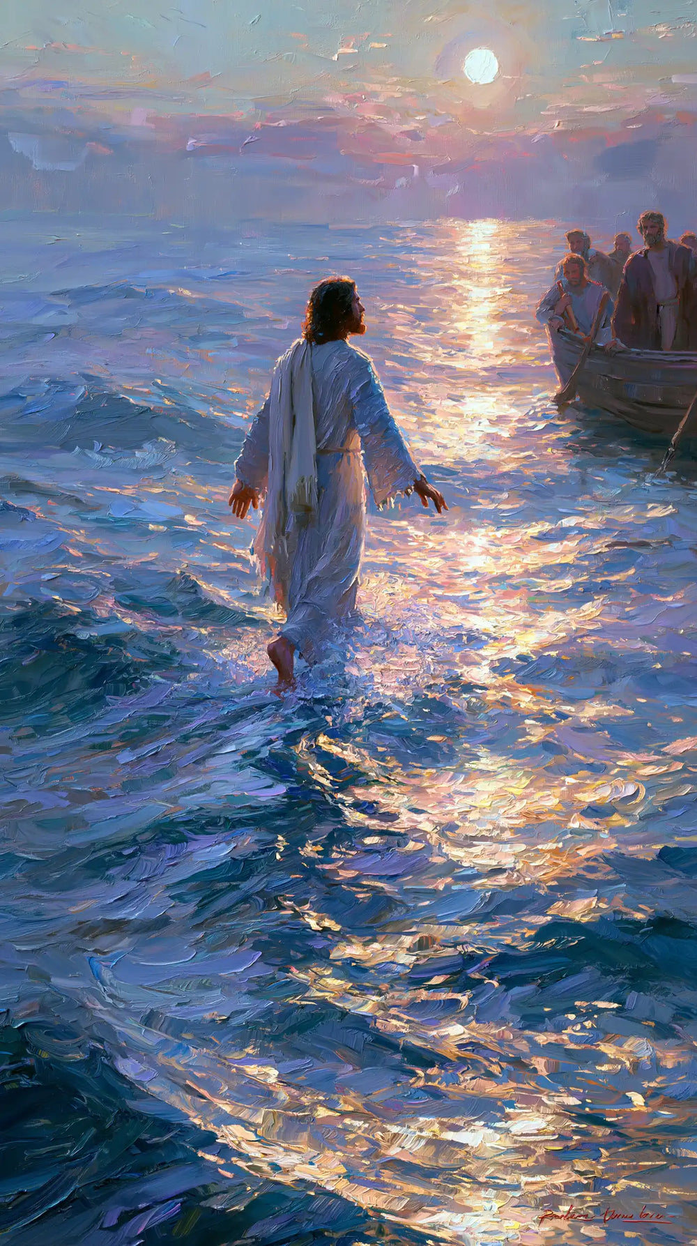 Jesus walking on water in Impressionist style, portrait Christian artwork no. 9
