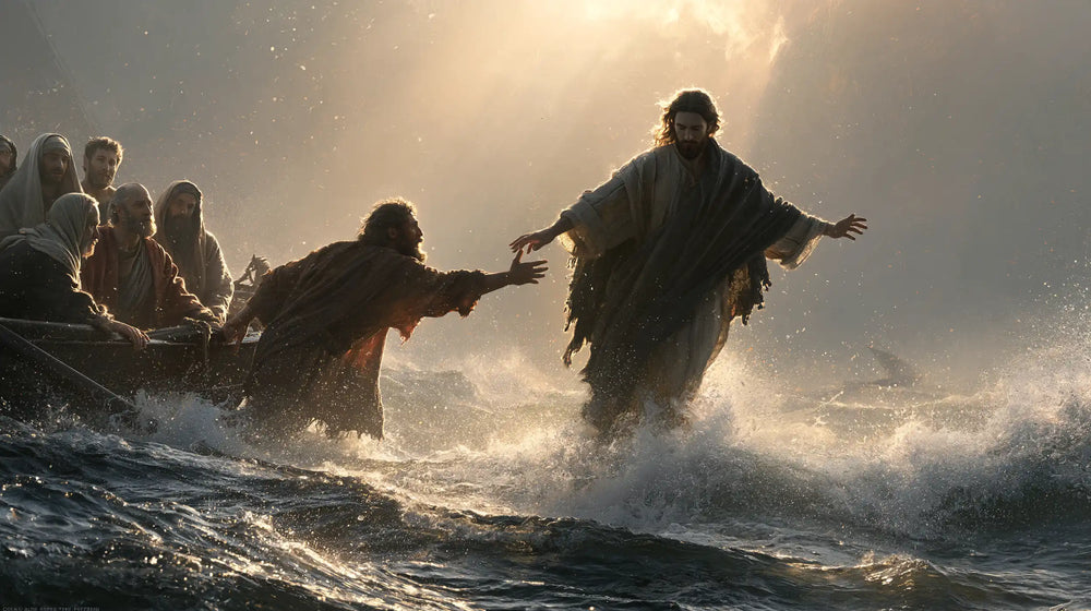 Jesus walking on water and calling Peter in Jesus Calls Peter style, landscape Christian artwork no. 11