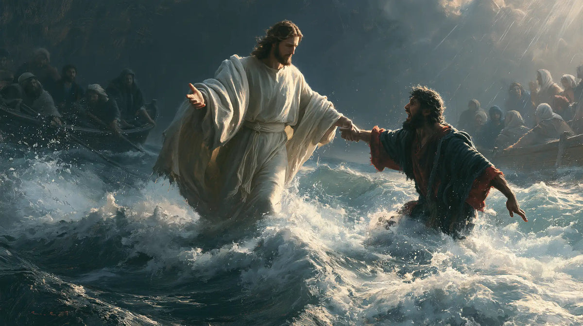 Jesus walking on water and saving Peter in Jesus Saves Peter style, landscape Christian artwork no. 17