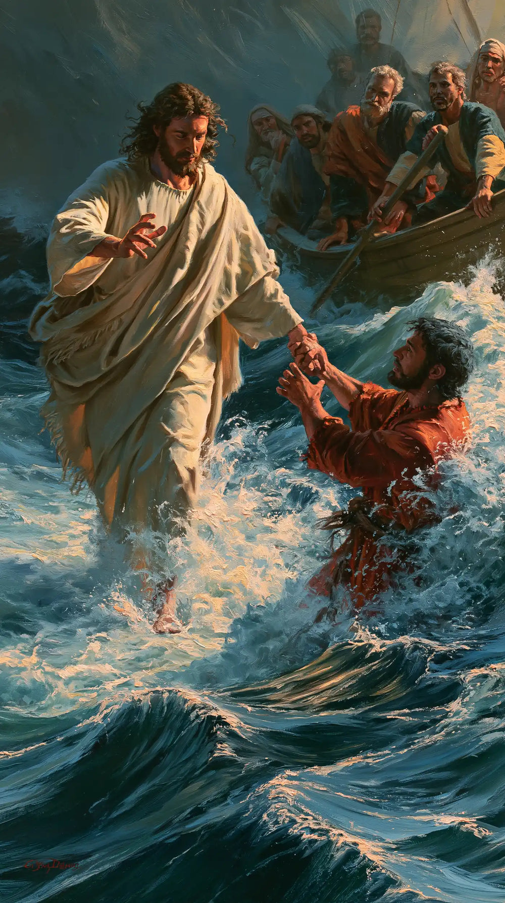 Jesus walking on water and saving Peter in Jesus Saves Peter style, portrait Christian artwork no. 9