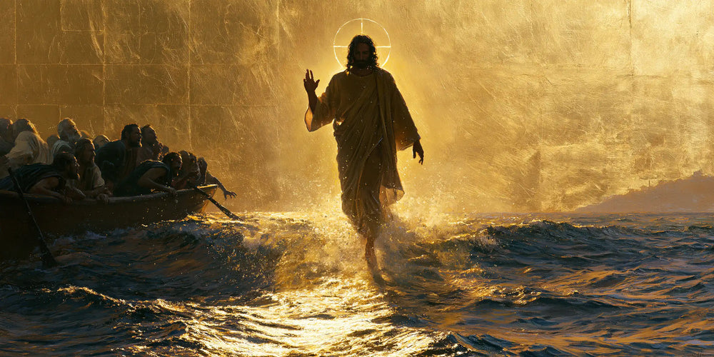 Jesus walking on water in Sacred Gold style, landscape Christian artwork no. 18