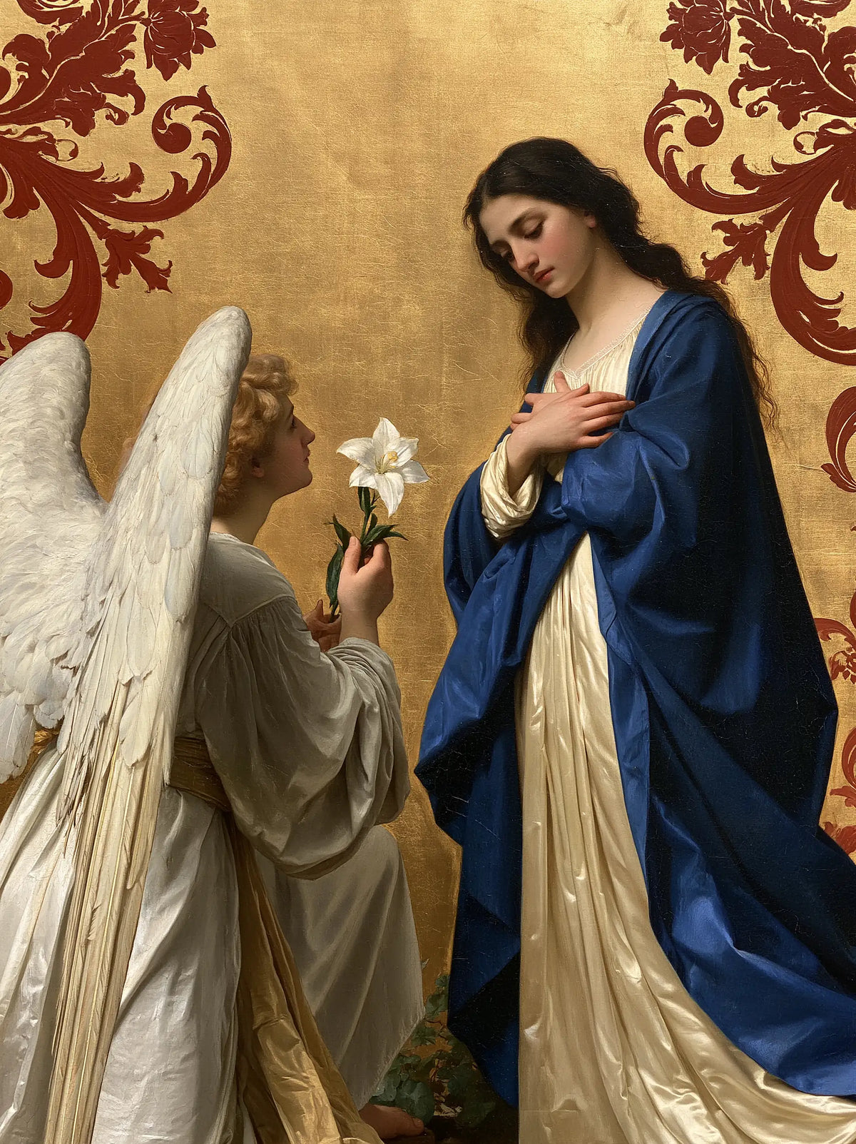 Mary beneath the Crimson Damask Veil – Bouguereau-Inspired Academic Art · Portrait
