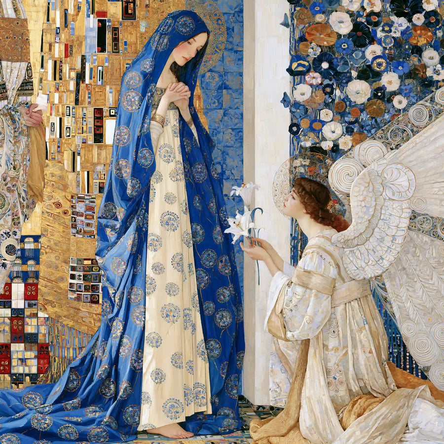 Mary and Gabriel in a Blue-Gold Mosaic – Golden Secession Art · Square
