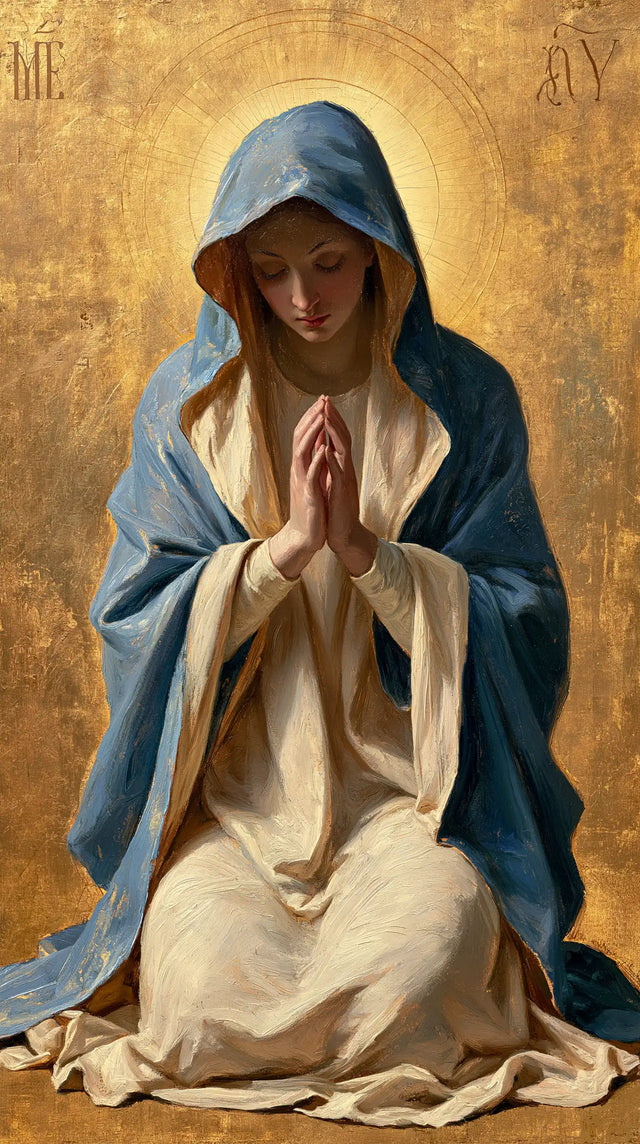 Virgin Mary in Prayer — The Glow behind Deep Blue
