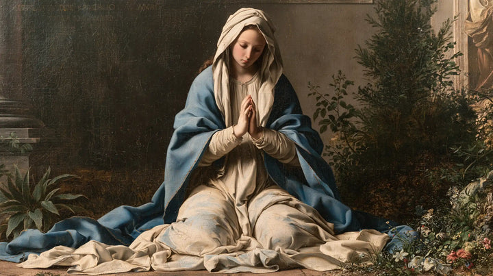 Virgin Mary in Prayer — The Serenity of the Flowering Garden