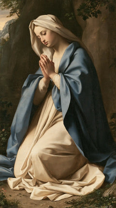 Virgin Mary in Prayer — Blue beneath the Overhanging Branch
