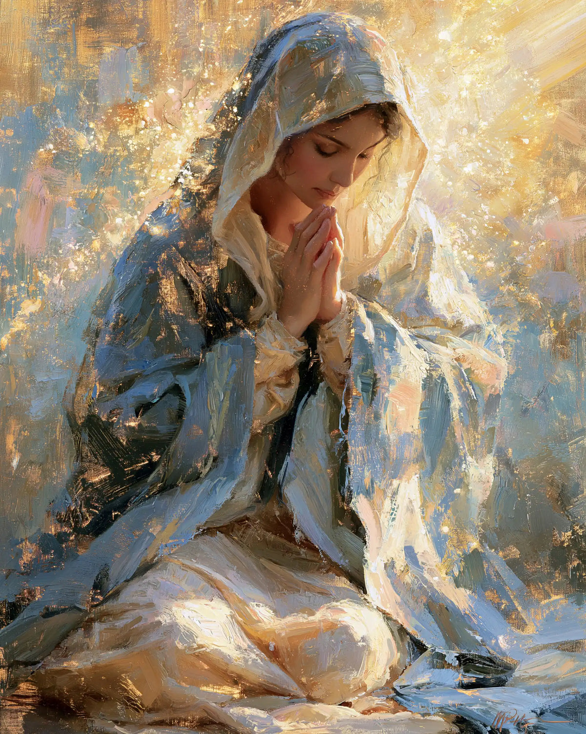 Virgin Mary in Prayer — The Cloak in Morning Gleams