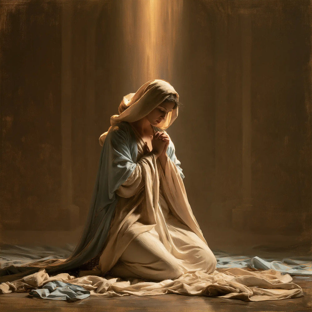the Virgin Mary praying in a biblical-era interior in Mary in a Biblical Interior style, square Christian artwork no. 7