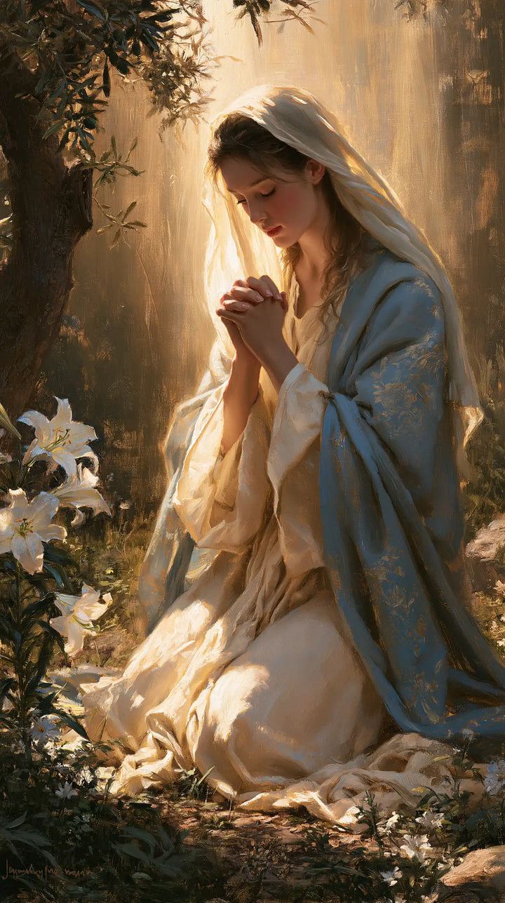 Virgin Mary in Prayer — The Veil beneath Leaf-Filtered Light