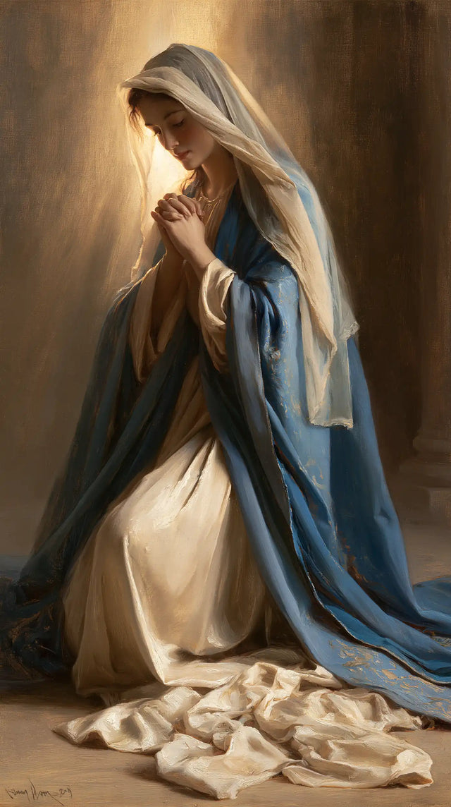 Virgin Mary in Prayer — The Blue Cloak in the Vertical Glow
