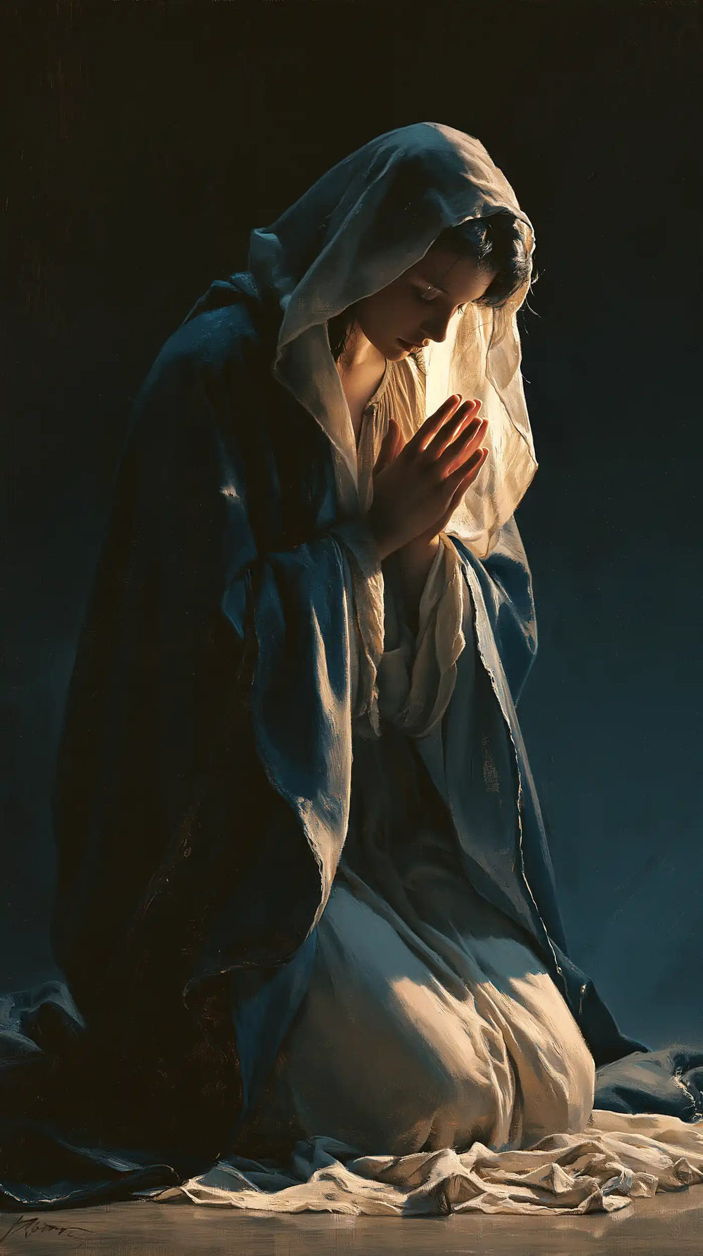 the Virgin Mary in prayer in Midnight Blue Chiaroscuro style, portrait Christian artwork no. 5