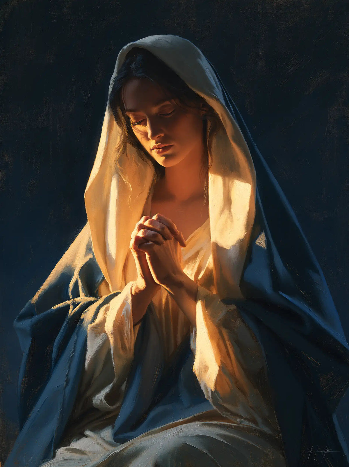 Virgin Mary in Prayer — The Glow between Azure Folds