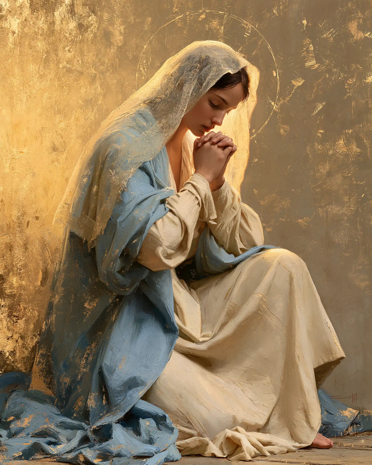 the Virgin Mary in prayer in Sacred Gold style, portrait Christian artwork no. 22