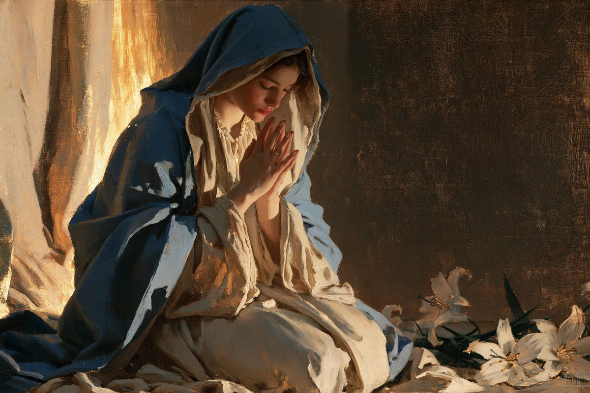 Virgin Mary in Prayer — Prayer beneath the Deep Blue Hood