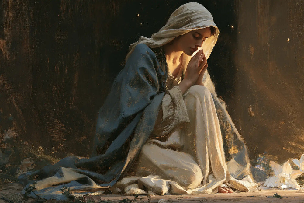 the Virgin Mary in prayer in Symbolist style, landscape Christian artwork no. 7