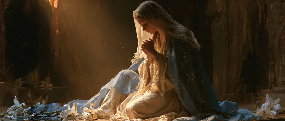 the Virgin Mary in prayer in Symbolist style, landscape Christian artwork no. 15
