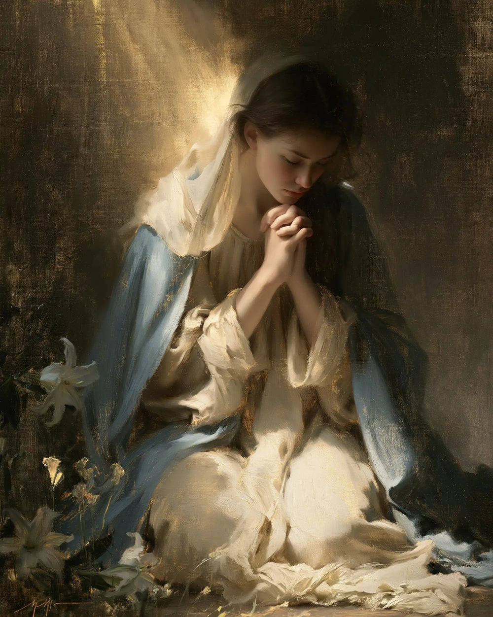 the Virgin Mary in prayer in Symbolist style, portrait Christian artwork no. 18